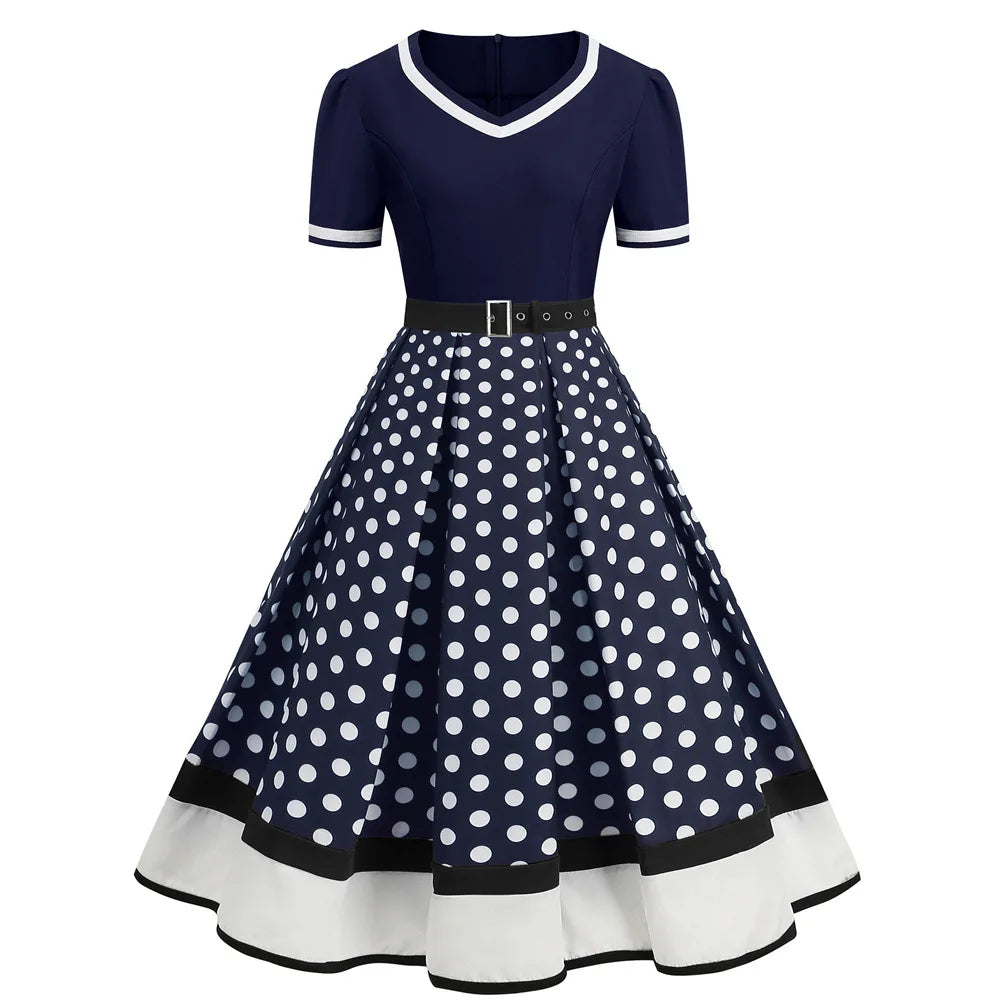 Robe d'été à pois pour femmes, Style Hepburn, col en v, manches courtes, Pinup, Vintage, Rockabilly