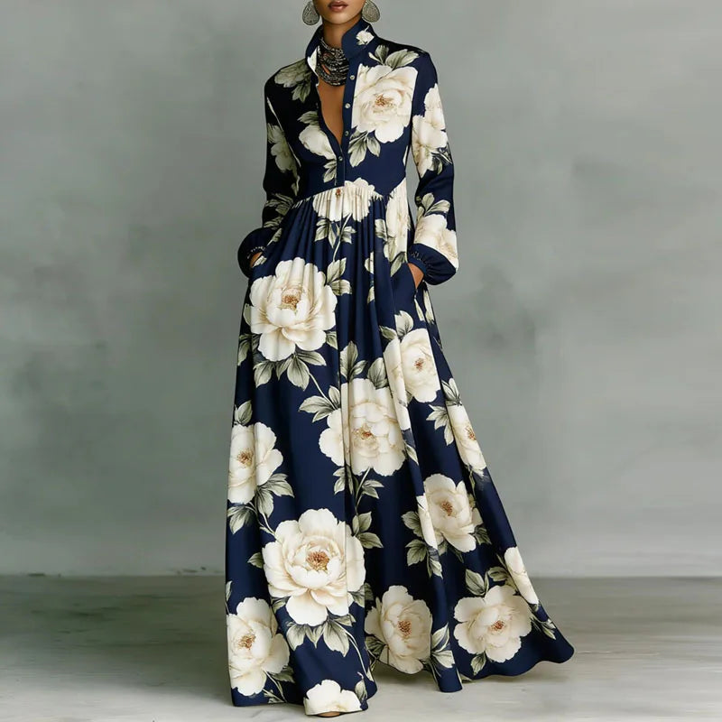 Print High Waist Pleated Woman Spring Shirt Collar Button Pockets Maxi Dress LADYLYS