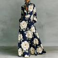 Print High Waist Pleated Woman Spring Shirt Collar Button Pockets Maxi Dress LADYLYS