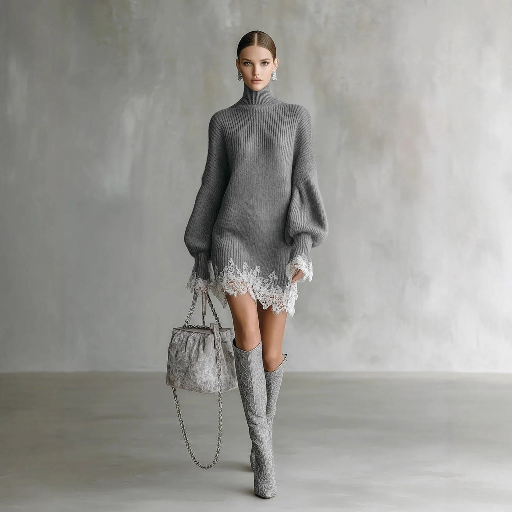 Solid Lace Trim Knitted Mini Dress Women Casual Patchwork Lantern Sleeve Turtleneck Loose Dresses