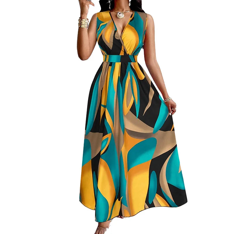 Temperament Printed Waist Cinching Dress, Summer V-neck Elegant LADYLYS