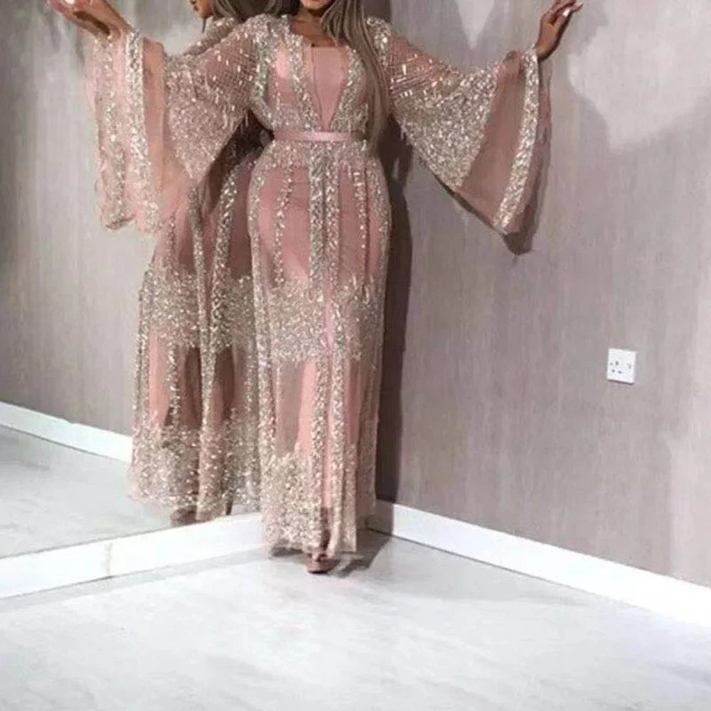 Sequined Maxi Dress with Belt, Large Swing Type, Loose Full Flare Sleeve, muslim Dress,  2 Pieces Set LADYLYS