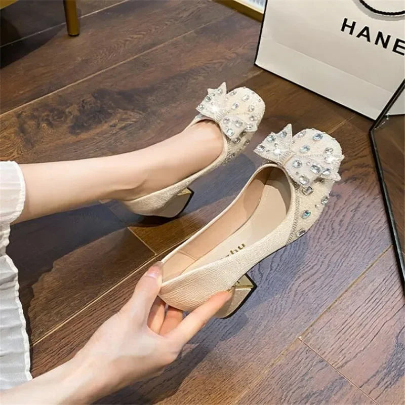 Fashion Thick Heel Square Toe Rhinestone Shallow Mouth Women Shoes Large Size 43 LADYLYS