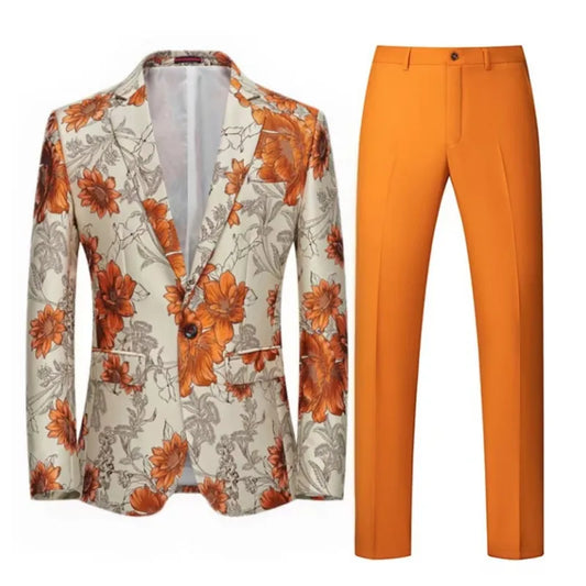 Costume 2 pièces pour hommes, motif de fleurs, un bouton, décontracté