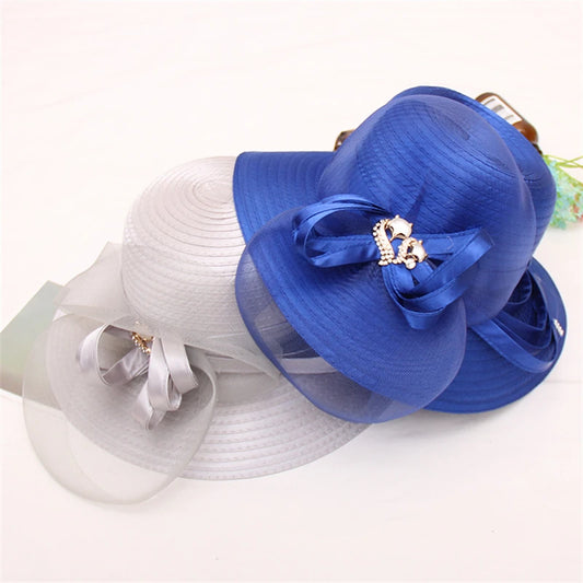 Chapeaux de soleil en Organza Kentucky Derby pour femmes, casquette à large bord, nœud élégant