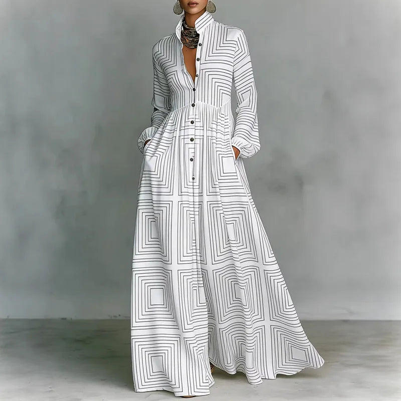 Print High Waist Pleated Woman Spring Shirt Collar Button Pockets Maxi Dress LADYLYS