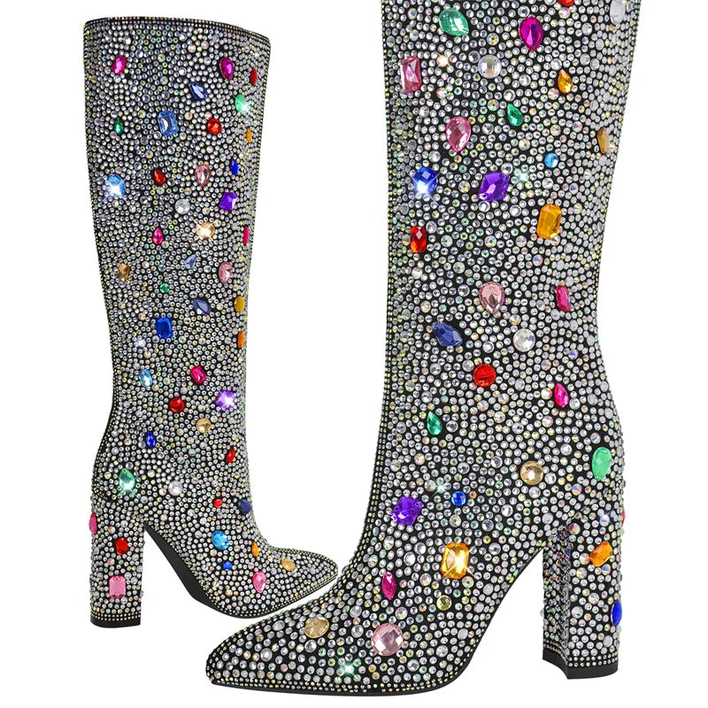 Onlymaker strass bout pointu genou bottes talon hauts fait à la main