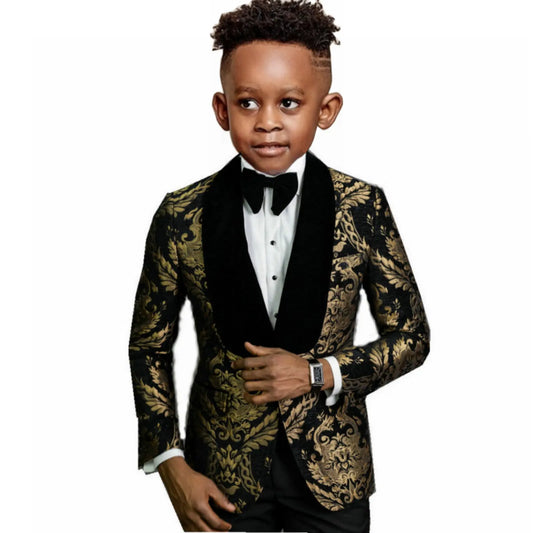 Costumes pour garçons 2 pièces à fleurs noir or pour enfant velours châle revers (veste + pantalon)