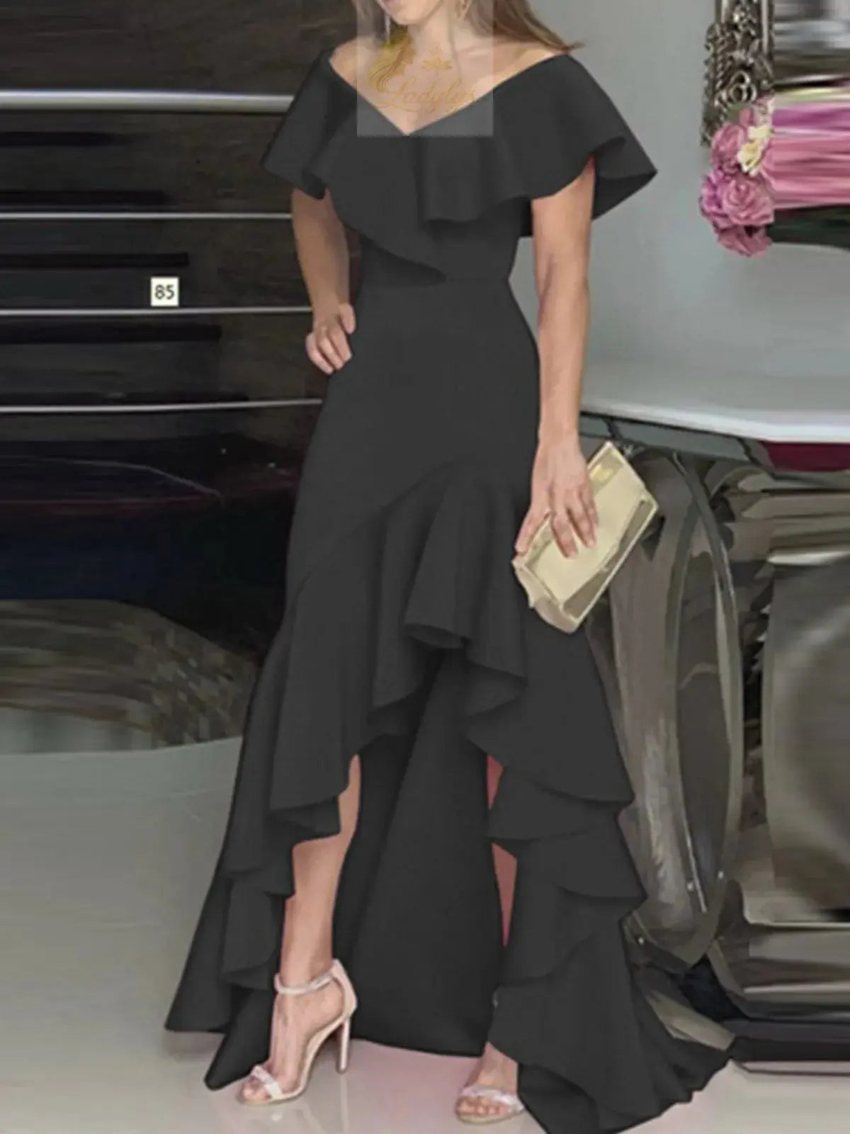 Beauty style elegant V-neck ruffled irregular elegant dress LADYLYS
