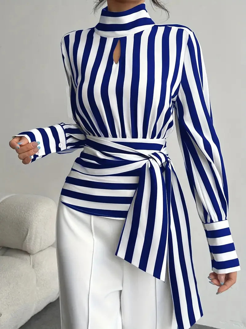 Fashion Trendy Women Black White Contrast Striped Shirt Autumn New Retro Scarf Collar Long-sleeved Elegant Female Pullover Shirt LADYLYS