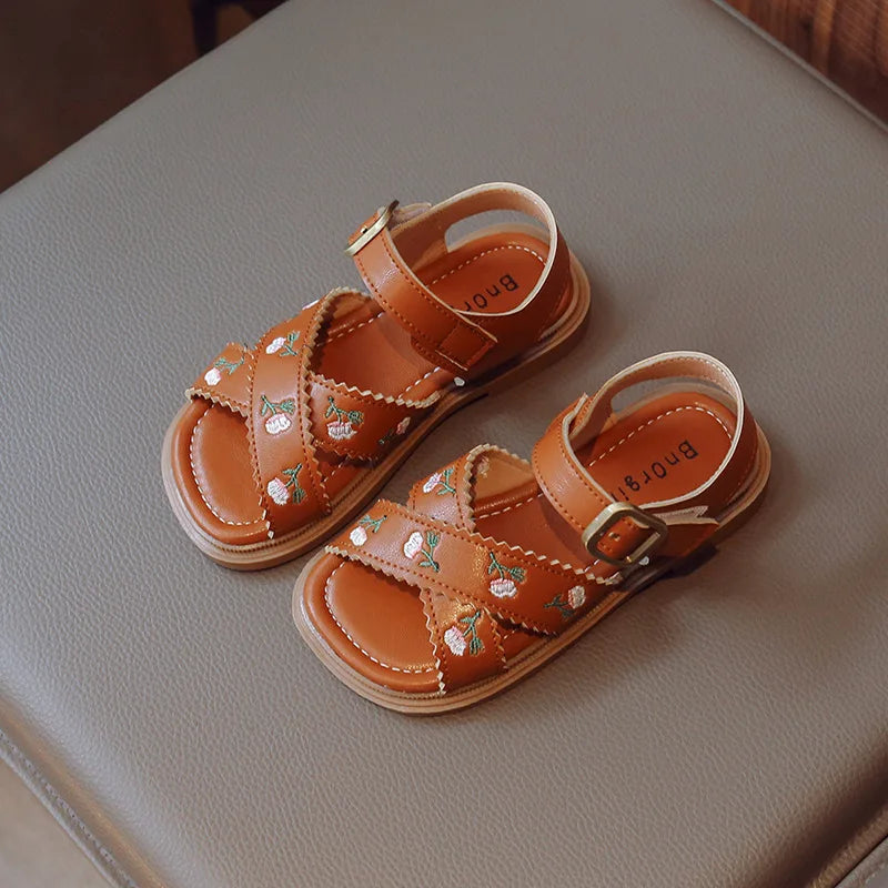 Sandales d'été pour filles, chaussures de plage décontractées à fleurs brodées