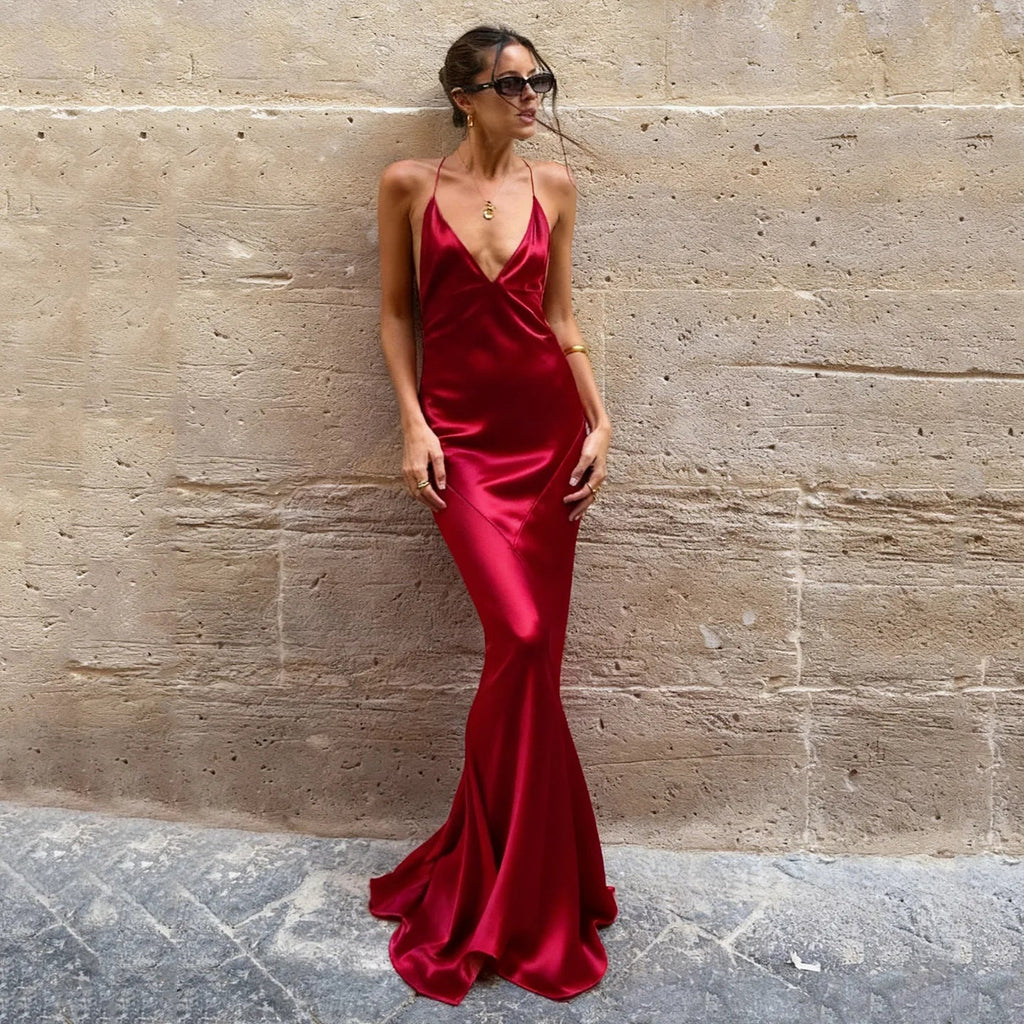 Suspender Elegant Evening Dress Banquet Sexy Deep V-neck Backless LADYLYS