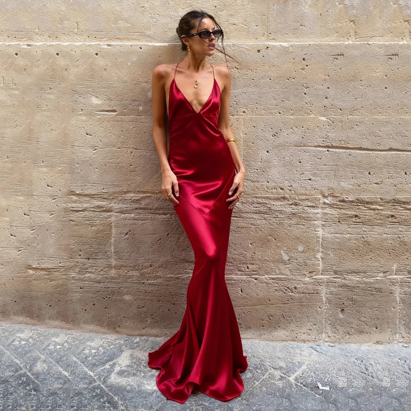 Suspender Elegant Evening Dress Banquet Sexy Deep V-neck Backless LADYLYS