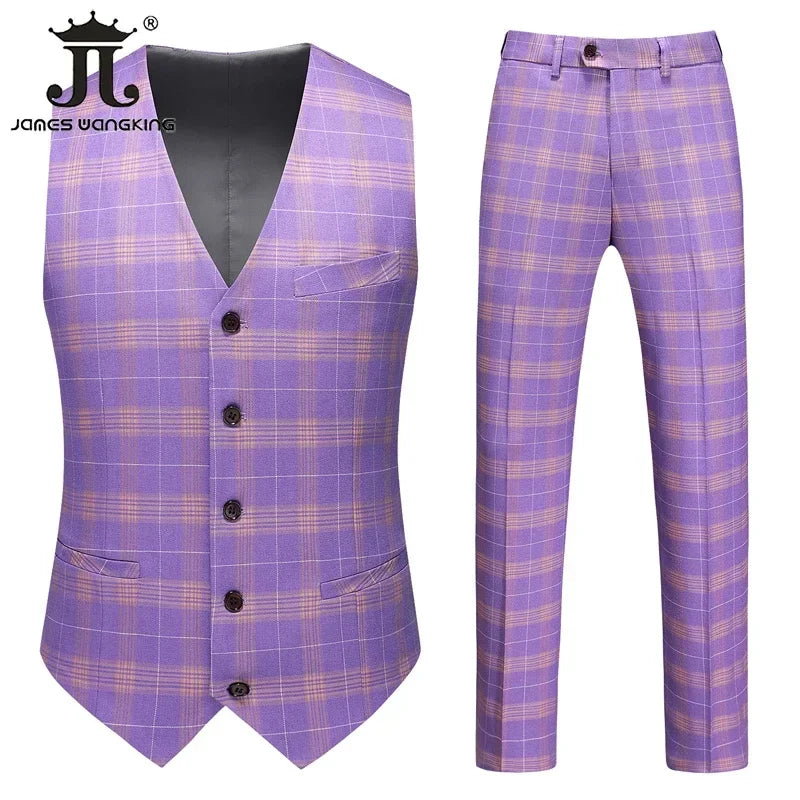 Costumes d'homme Formels Ensemble 3 Pièces Style Britannique Plaid (Blazer + Gilet + Pantalon)