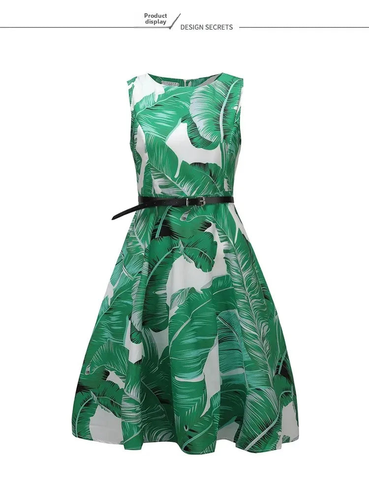Retro Hepburn Style Sleeveless Printed Slimming Dress with Belt Large Skirt Evening Gown LADYLYS