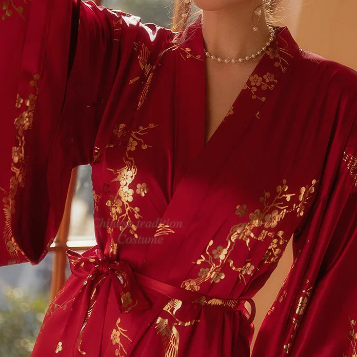 Robe Kimono de luxe bordeaux pour femmes, peignoir de mariée, Sexy, fleur bronzante