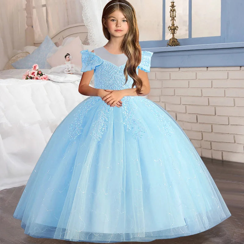 Robe de mariée à fleurs pour filles, tenue longue de princesse en Tulle pour enfants