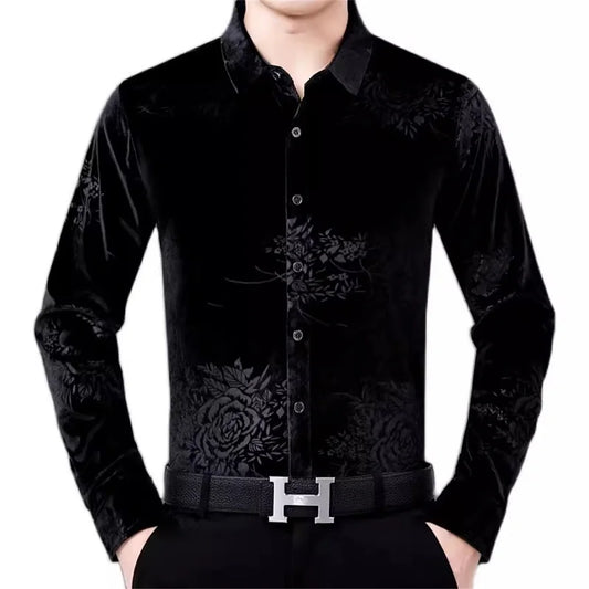 Chemise de danse latine imprimée rouge pour hommes, costume de danse moderne à manches longues, haut à revers