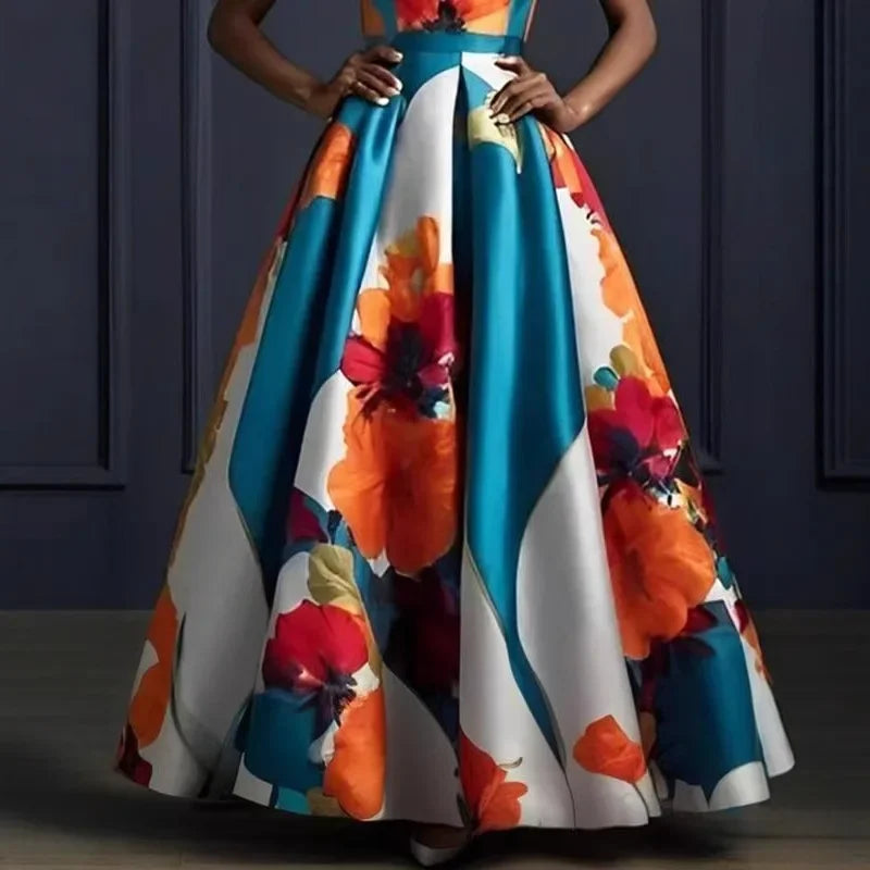 VIVI Fashionable Sleeveless Print Evening Gown Zipper Satin Slim Fit Empire Waist Long Dress LADYLYS