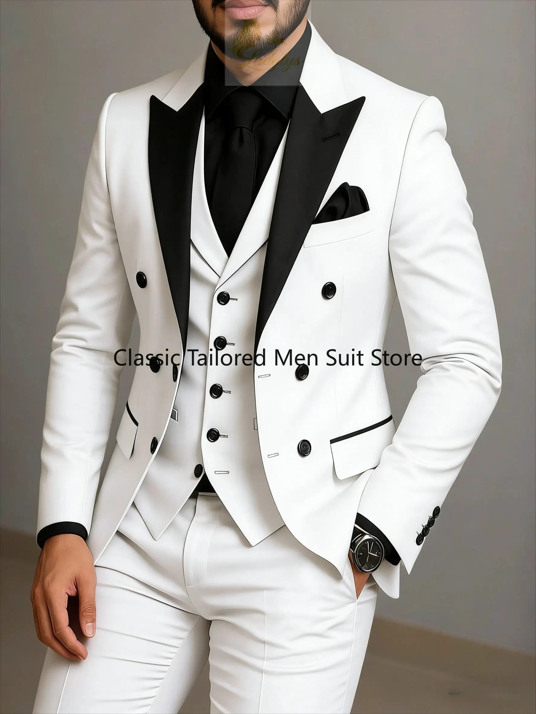 Beige Double Breasted Black Lapel  Slim Fit Wedding Suit LADYLYS