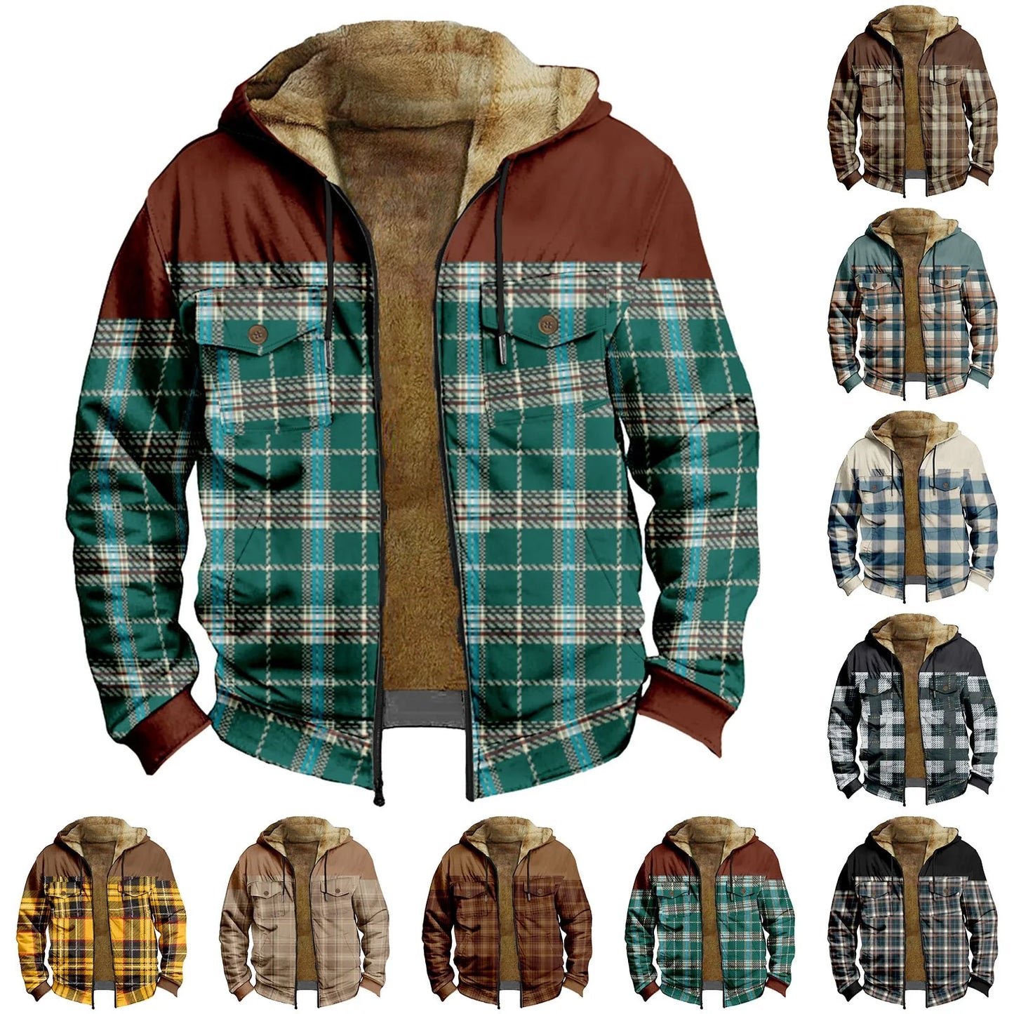 Veste à carreaux en flanelle doublée polaire pour homme, veste boutonnée en sherpa avec capuche