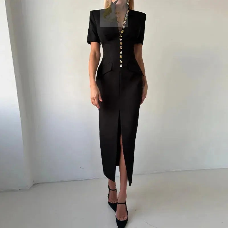 Elegant Fitted Shoulder Pad Short Sleeves Chic Party Dresses LADYLYS