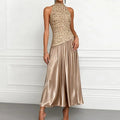 Women Sleeveless Patchwork Maxi Dress Elegant Stand Collar Chic LADYLYS