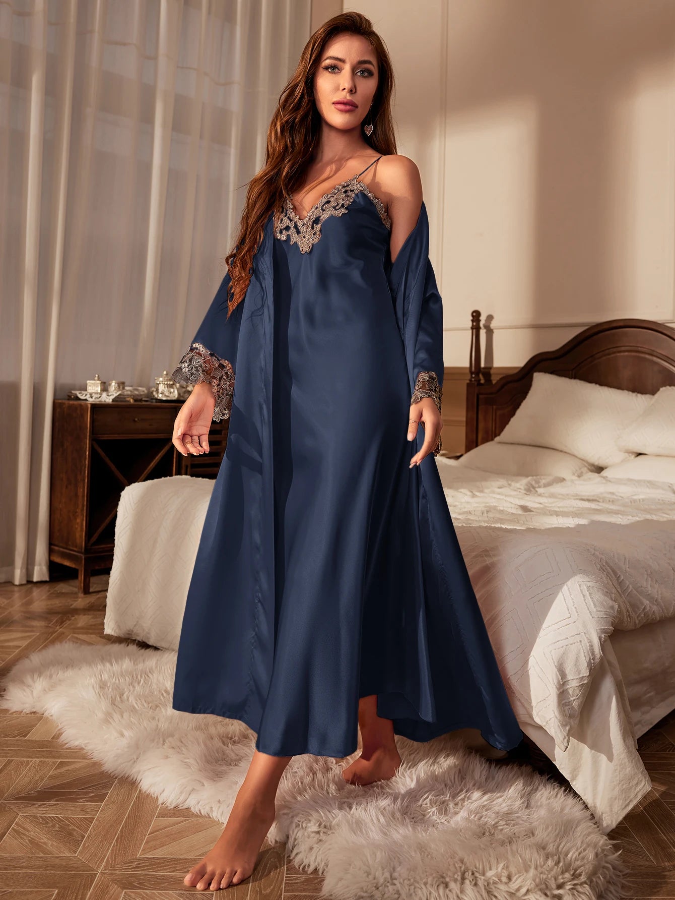 Contrasting lace pyjama set, long-sleeved dress with belt, V-neck – LADYLYS