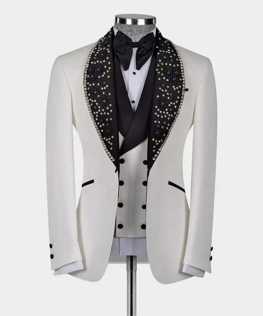 W09 Smoking de mariage de luxe ivoire avec perles noires et col en cristal personnalisé 2 pièces Blazer pantalon