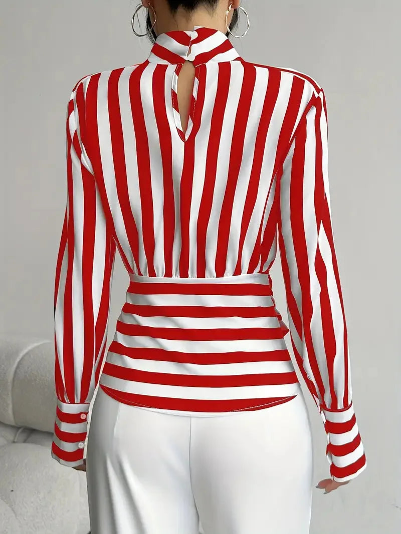 Fashion Trendy Women Black White Contrast Striped Shirt Autumn New Retro Scarf Collar Long-sleeved Elegant Female Pullover Shirt LADYLYS