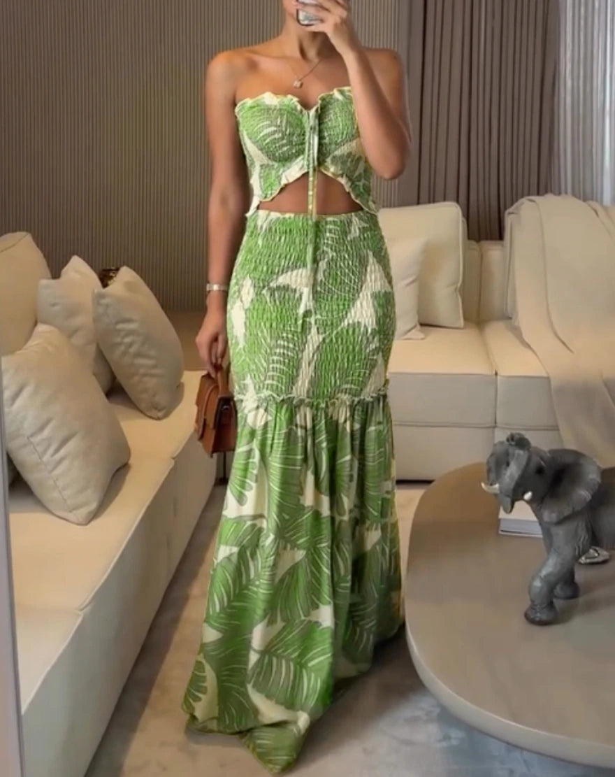 Tropical Print Drawstring Ruched Shirred Frill Trim Bandeau Vacation Dress Cinched LADYLYS