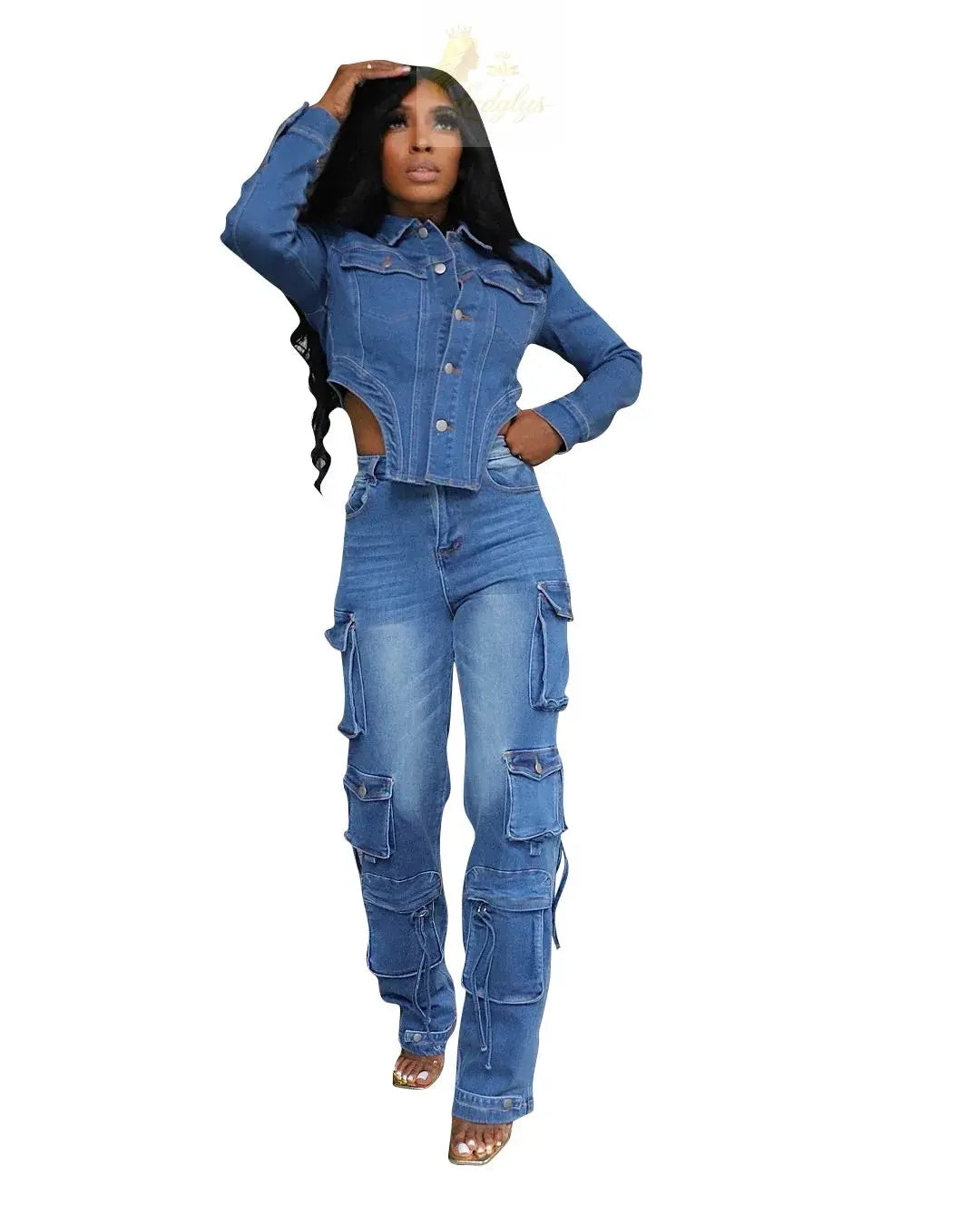 Washed Denim Women's Set Full Sleeve Button Fly Jacket and Pockets Cargo Jeans Pants Suit LADYLYS