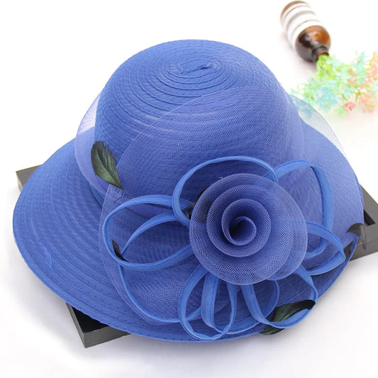 Chapeau de soleil en Organza à fleurs pour femmes, élégant, de luxe, avec plumes, à large bord