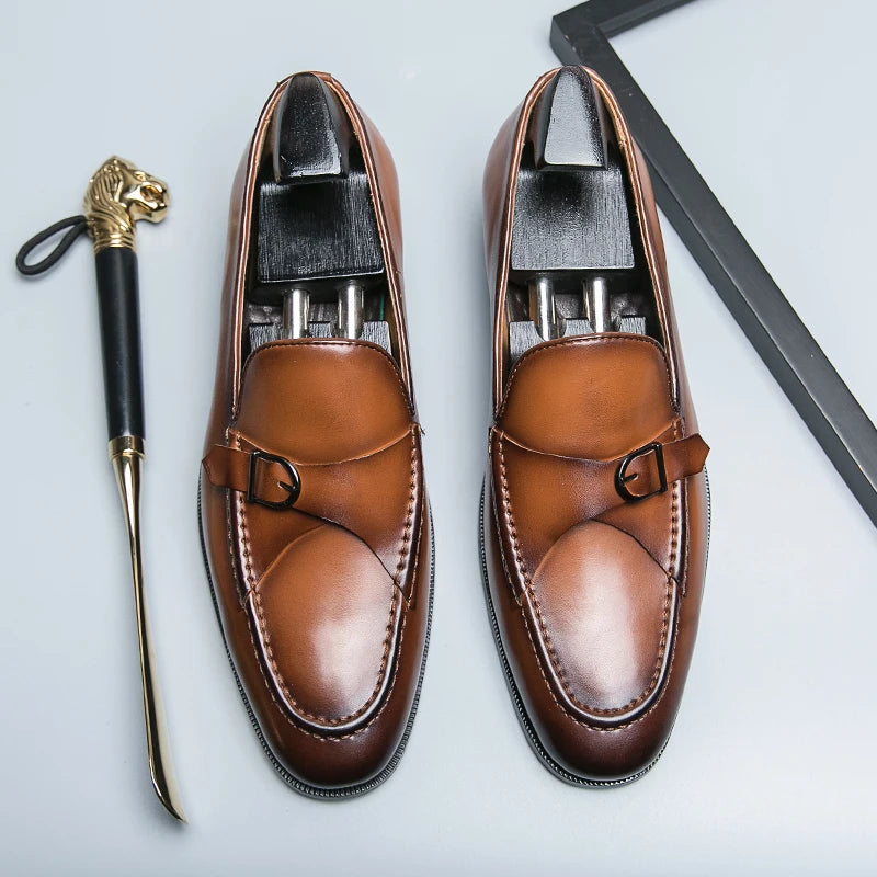 Mocassins marron pour hommes, chaussures habillées à bout carré avec pompons, à enfiler