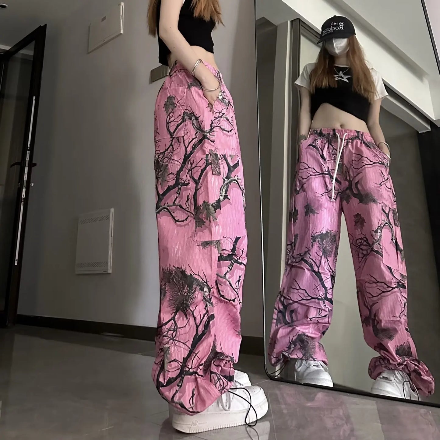 Pantalon décontracté à imprimé graffiti rose 2k pour femme, pantalon large et amusant, taille haute