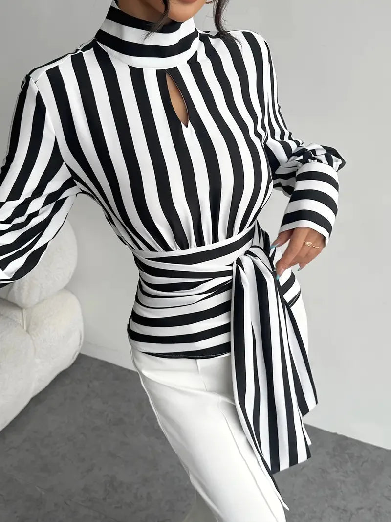 Fashion Trendy Women Black White Contrast Striped Shirt Autumn New Retro Scarf Collar Long-sleeved Elegant Female Pullover Shirt LADYLYS