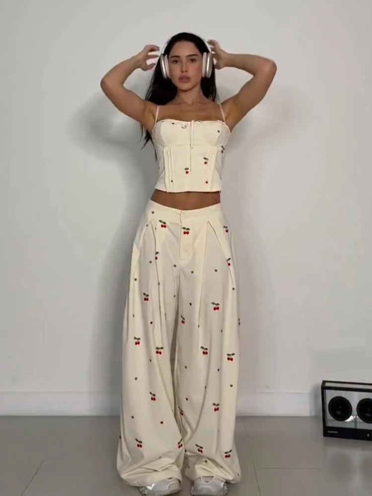 Sexy Print Vest Pants Women Set Beach Patchwork Slash Neck Lace Up Top LADYLYS