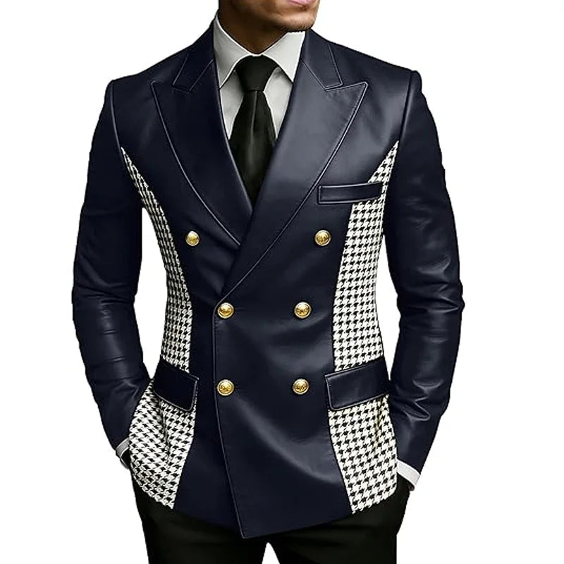 Leather Blazer With Houndstooth Sides Vintage Two-Tone Double Breasted LADYLYS