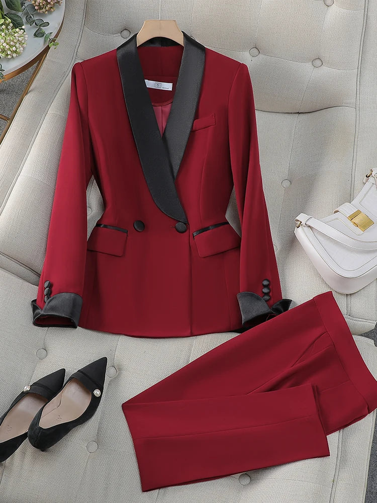 Prisca costume élégant rouge et noir pour femme, tenue de bureau, ensemble 2 pièces