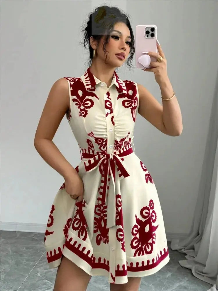 Printed Waist Halterneck Tie Dress Elegant LADYLYS