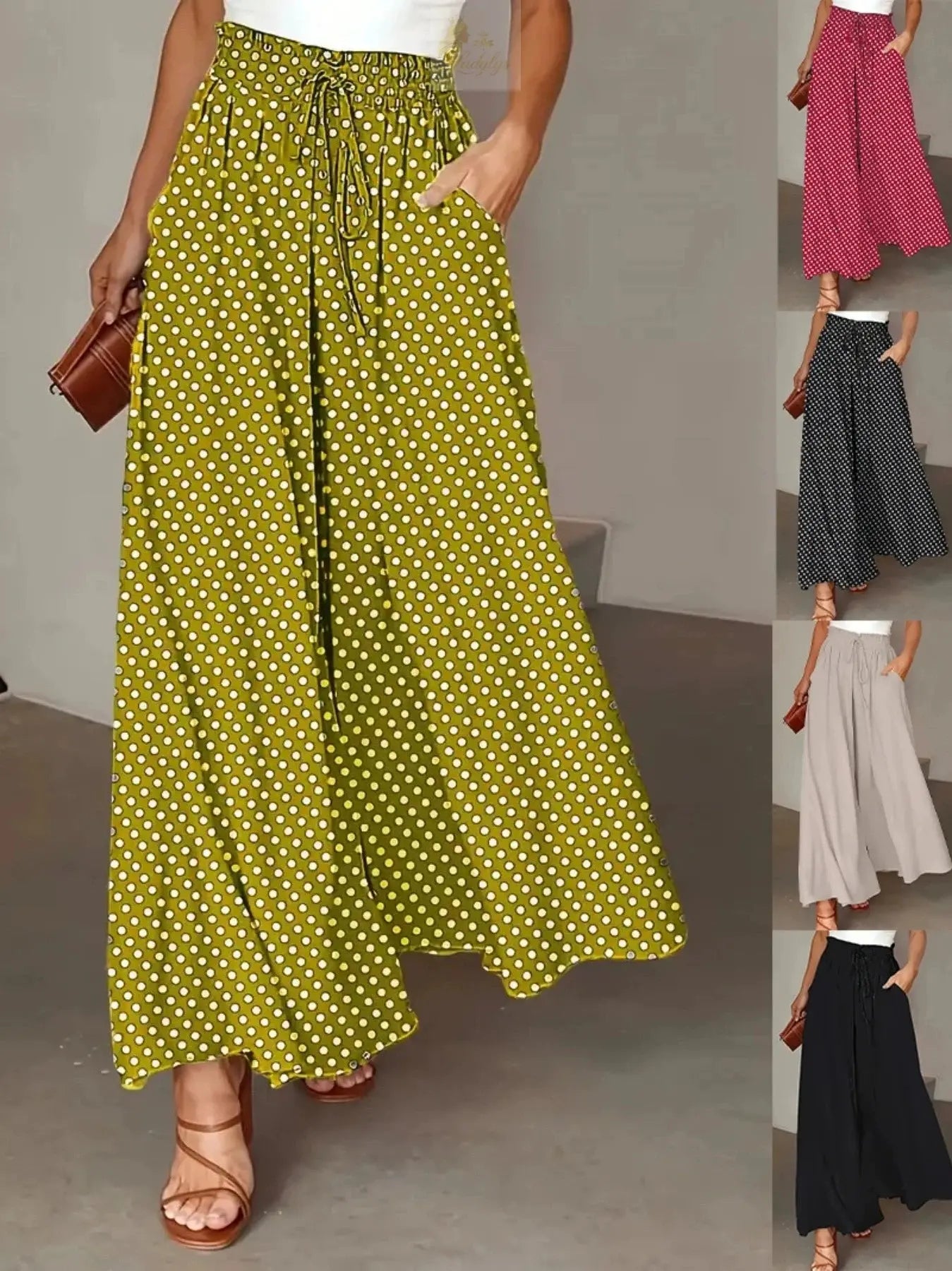 Bohemian Wide-Leg Pants with Elastic Waist and Polka Dot Print Long Skirt LADYLYS