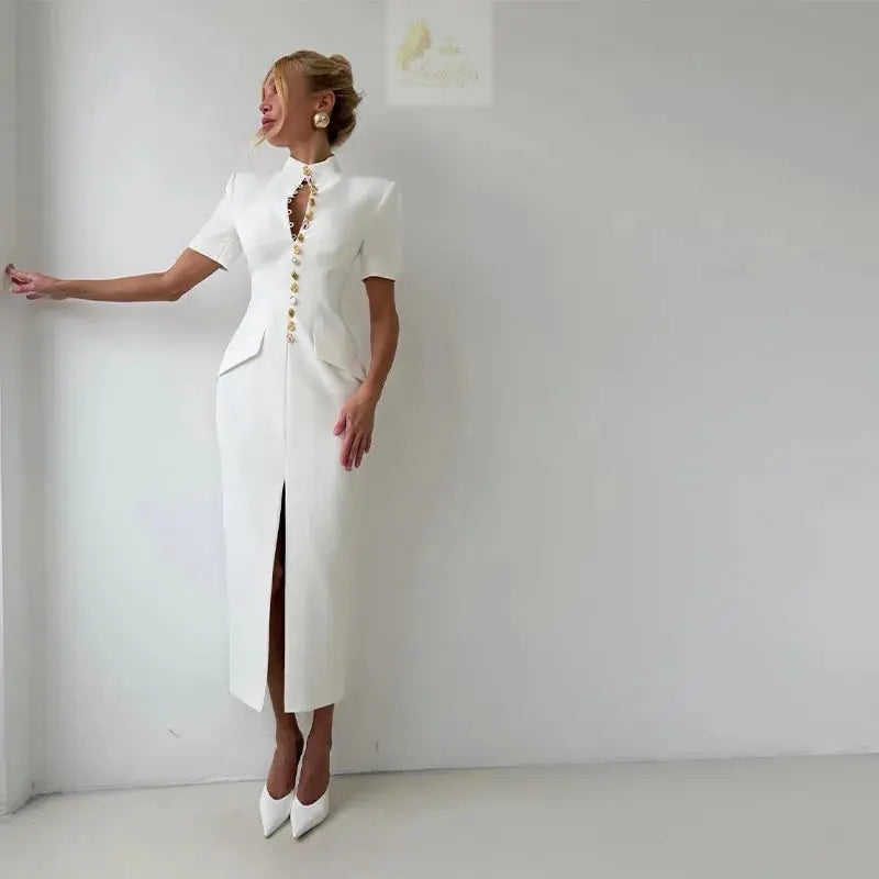 Elegant Fitted Shoulder Pad Short Sleeves Chic Party Dresses LADYLYS