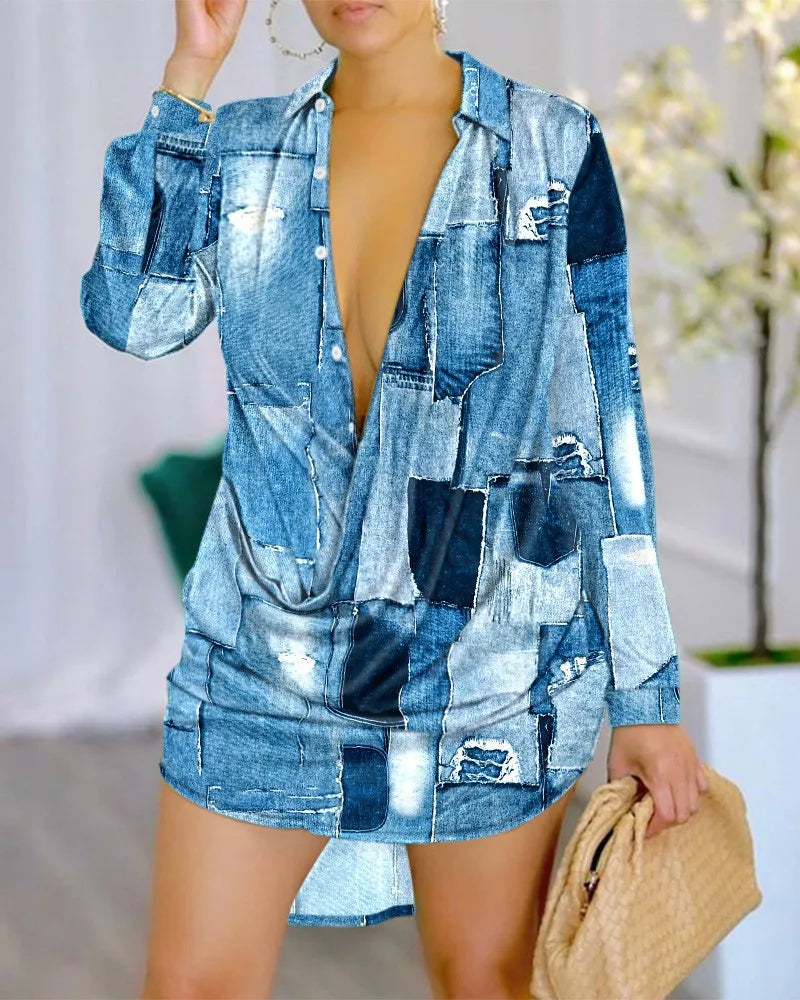 Sexy Deep V Neck Shirt, mini  Dress Office Lady Casual Loose Long Sleeve Letter Print