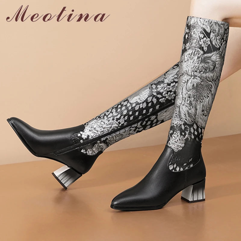 Meotina Femmes Véritable Cuir Bottes Hautes Au Genou Bout Pointu Épais Talons Hauts Broderie Fleur Fermeture Éclair