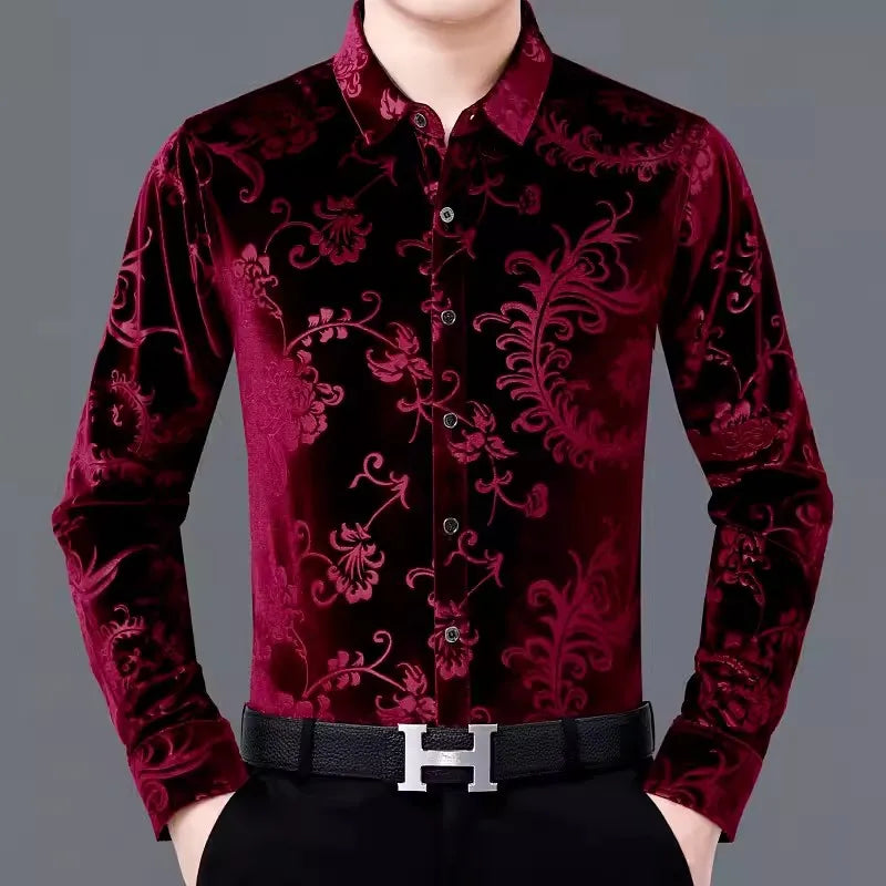 Chemise de danse latine imprimée rouge pour hommes, costume de danse moderne à manches longues, haut à revers