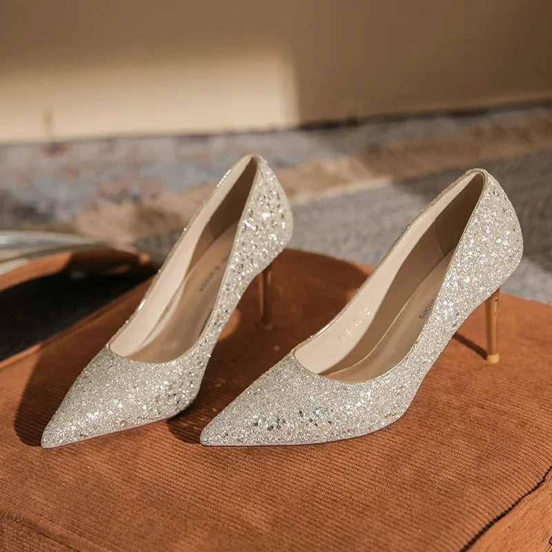 Chaussures de mariée de mariage, de demoiselle d'honneur à paillettes en cristal à talons aiguilles