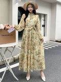 Long Sleeve Bandage Slim Long High Quality Fashion Floral Print Big Hem Chiffon Dress LADYLYS