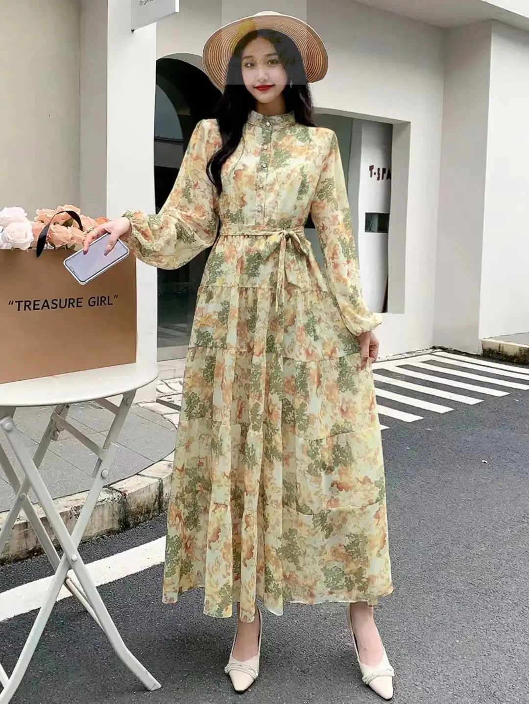 Long Sleeve Bandage Slim Long High Quality Fashion Floral Print Big Hem Chiffon Dress LADYLYS