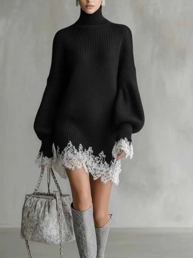 Solid Lace Trim Knitted Mini Dress Women Casual Patchwork Lantern Sleeve Turtleneck Loose Dresses