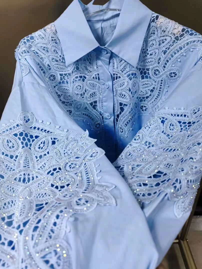 Luxury Design Bling Sequins Embroidery Cotton Shirts Blouses For Women's Long Sleeve Oversize